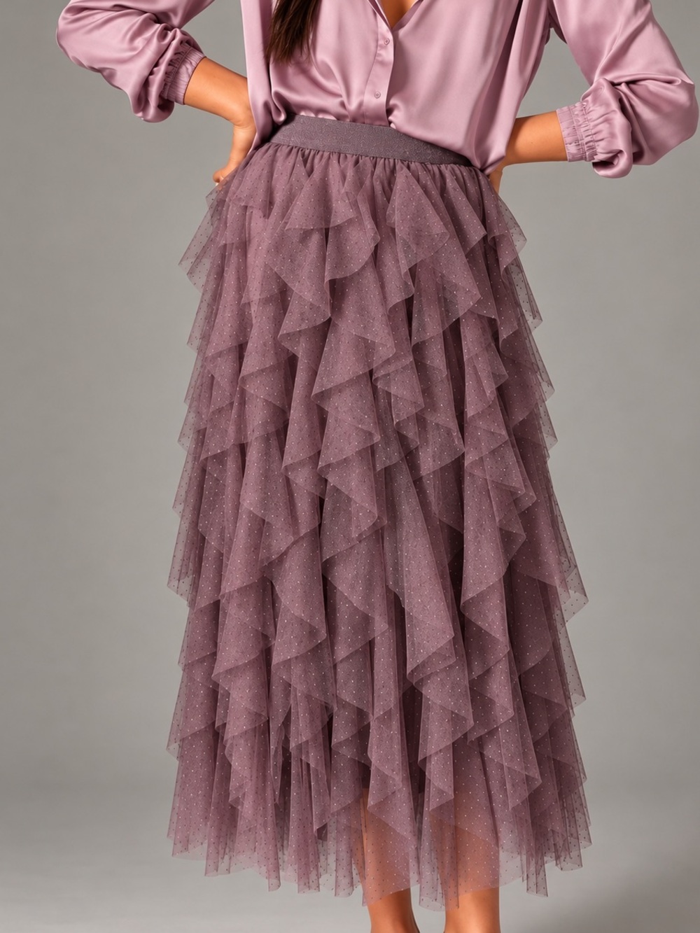Anthropologie The Cheri Ruffled Tulle Midi Skirt XS Mauve Swiss Dot Tiered